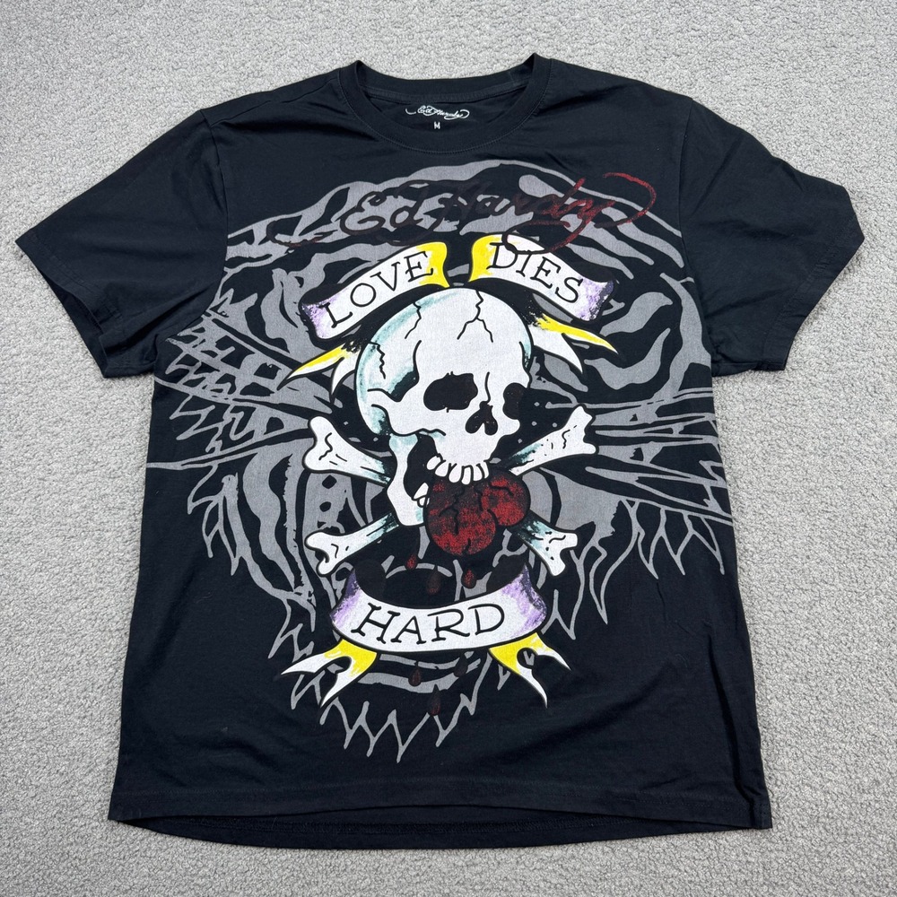 Ed Hardy T-Shirt Mens Medium Black Love Dies Hard Skull Tattoo Grunge Streetwear